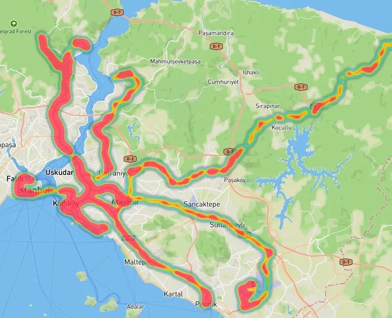 Bir sürücünün İstanbul'daki tüm sürüşlerinden oluşan ısı haritası
