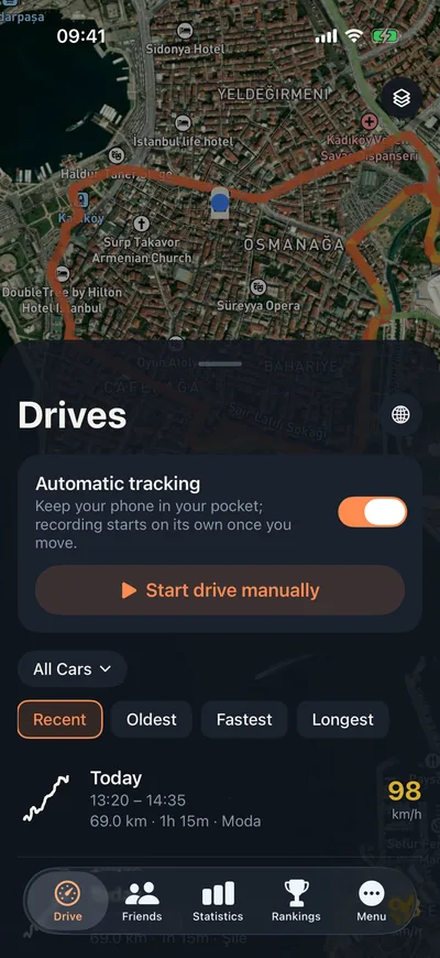 Odometer drive list: automatic tracking switch over a map, with recent drives