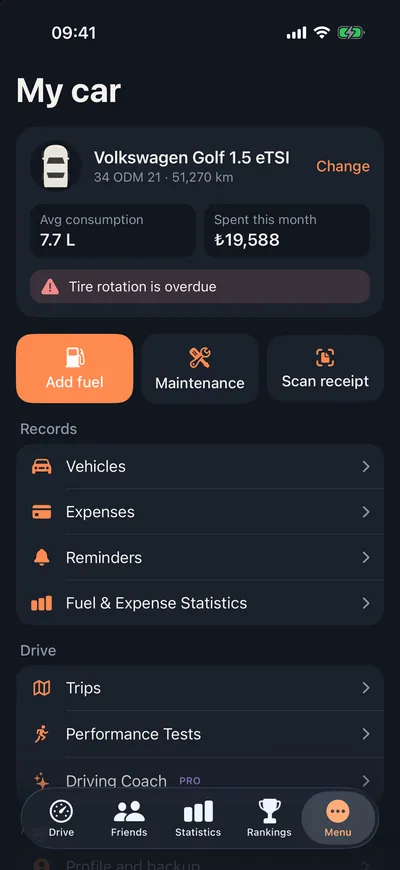 Odometer garage screen: average consumption, monthly spend, add fuel and scan receipt