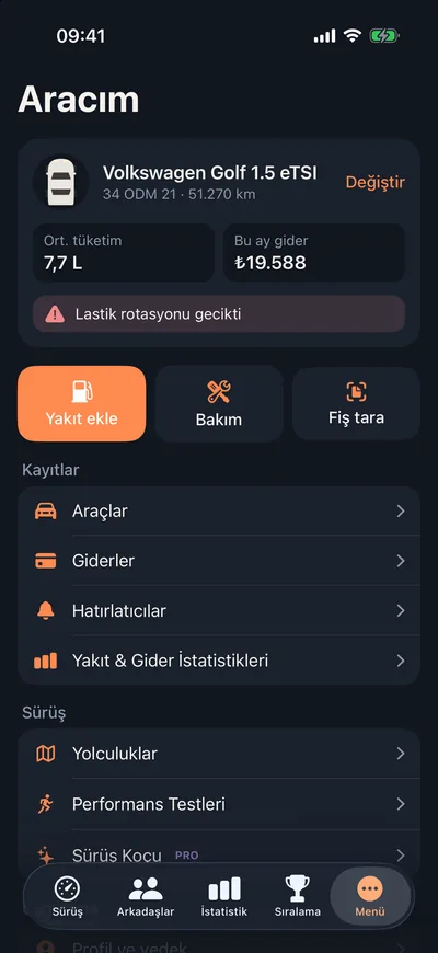 Odometer garaj ekranı: ortalama tüketim, aylık gider, yakıt ekle ve fiş tara